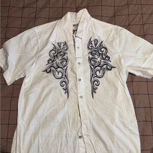 Y2K White Tag Premium Denim Tribal Embroidered Button Up Shirt Size Large